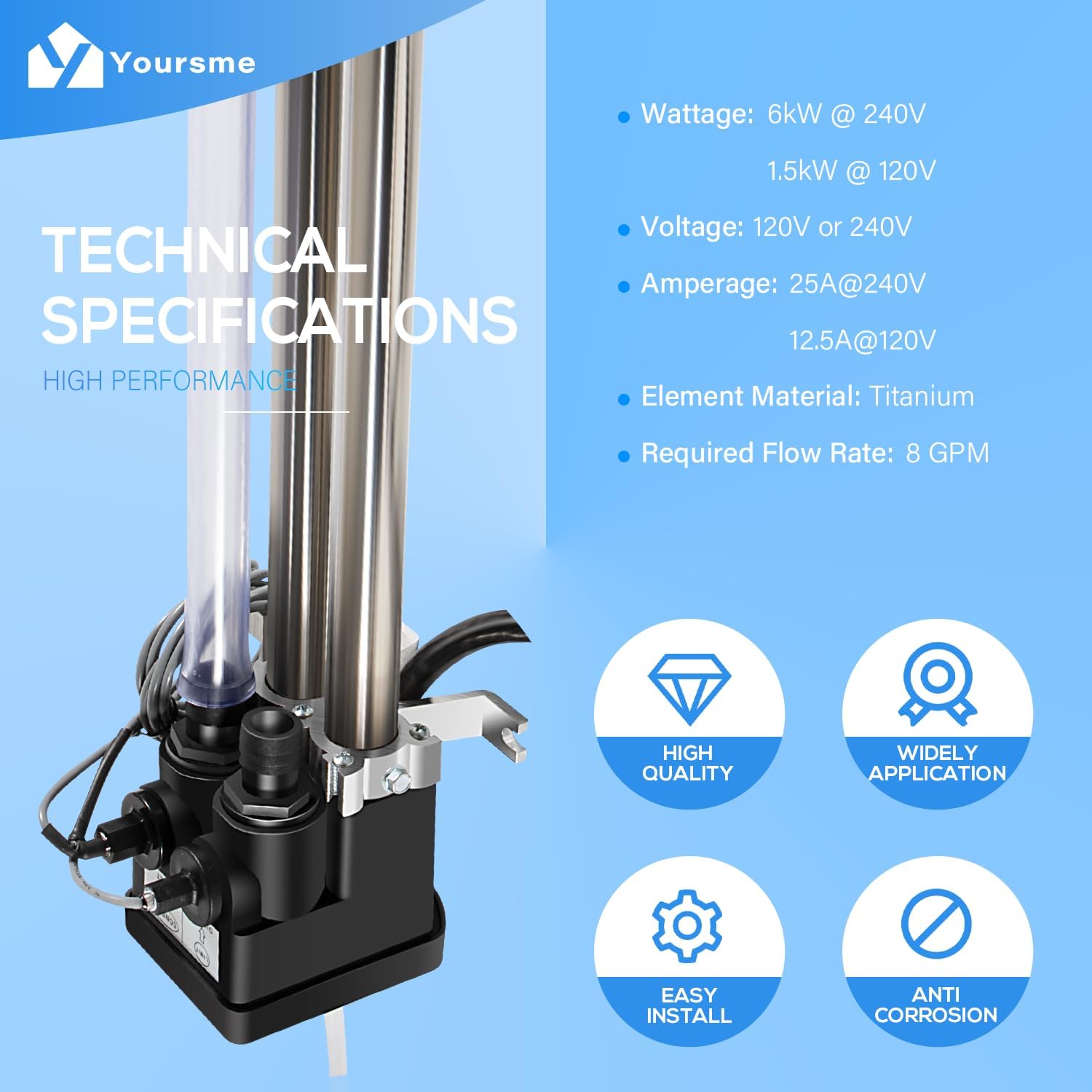 Yoursme 6kW Low-Flow PDR Titanium Heater with Sensors Kit Replacement for Hot Spring/Watkins/Tiger River/Limelight Hot Tub Spa No-Fault, 230V/6Kw,115V/1.5Kw, Replace # 26-C3160-1S, C3160-1S, 73790